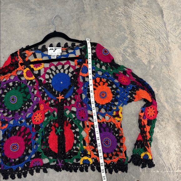 Vintage Crochet Hand Knit Vibrant Colorful Cardigan - Picture 4 of 7